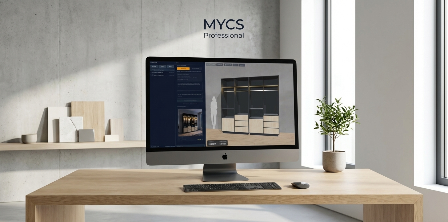 MYCS Professional - Custom furniture design software on iMac showing wardrobe configurator