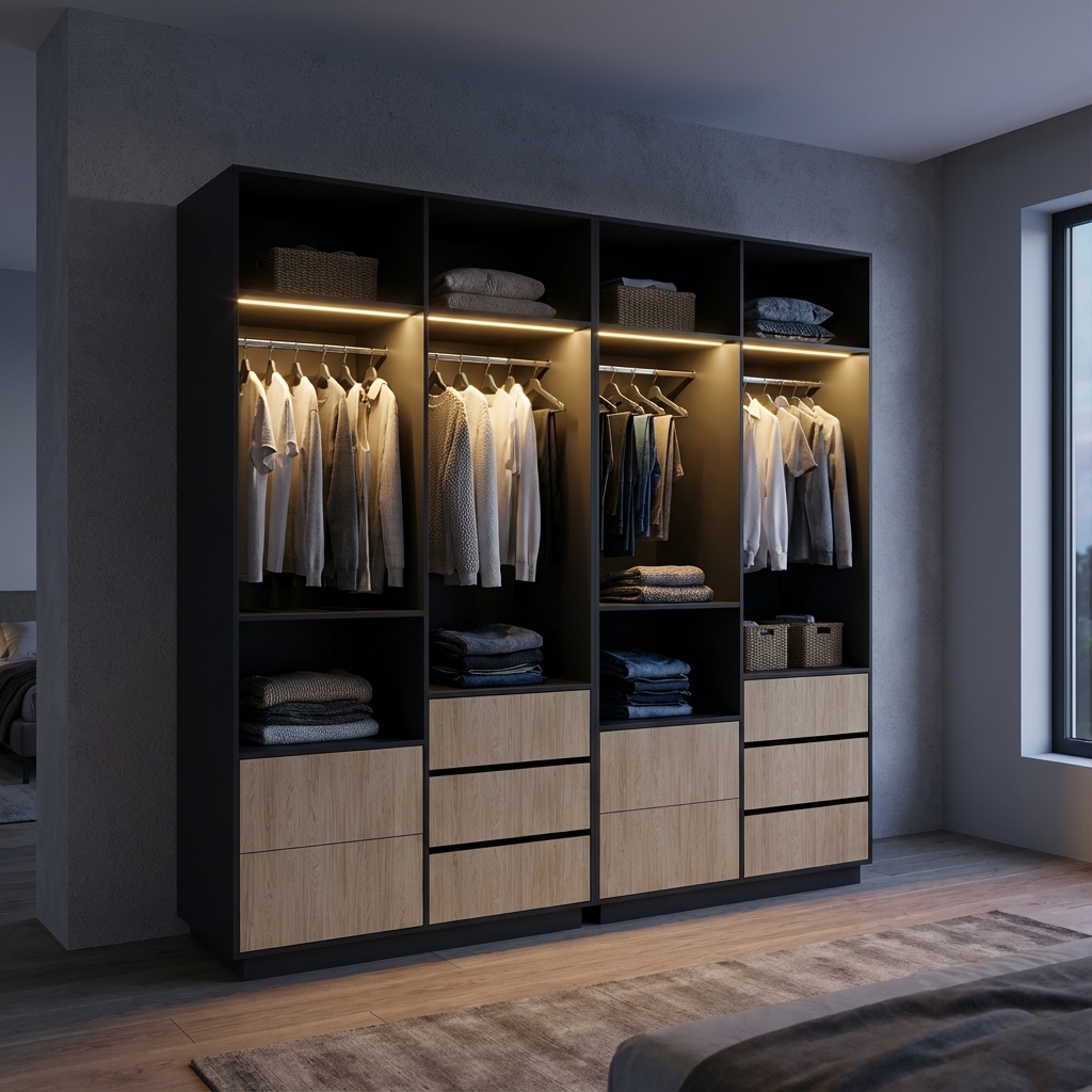 AI-generated visualization of custom wardrobe with LED lighting in bedroom